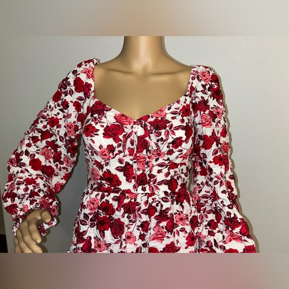 Floral Red and Pink Long Sleeve Puff-Sleeve Mini Dress - Picture 3 of 9